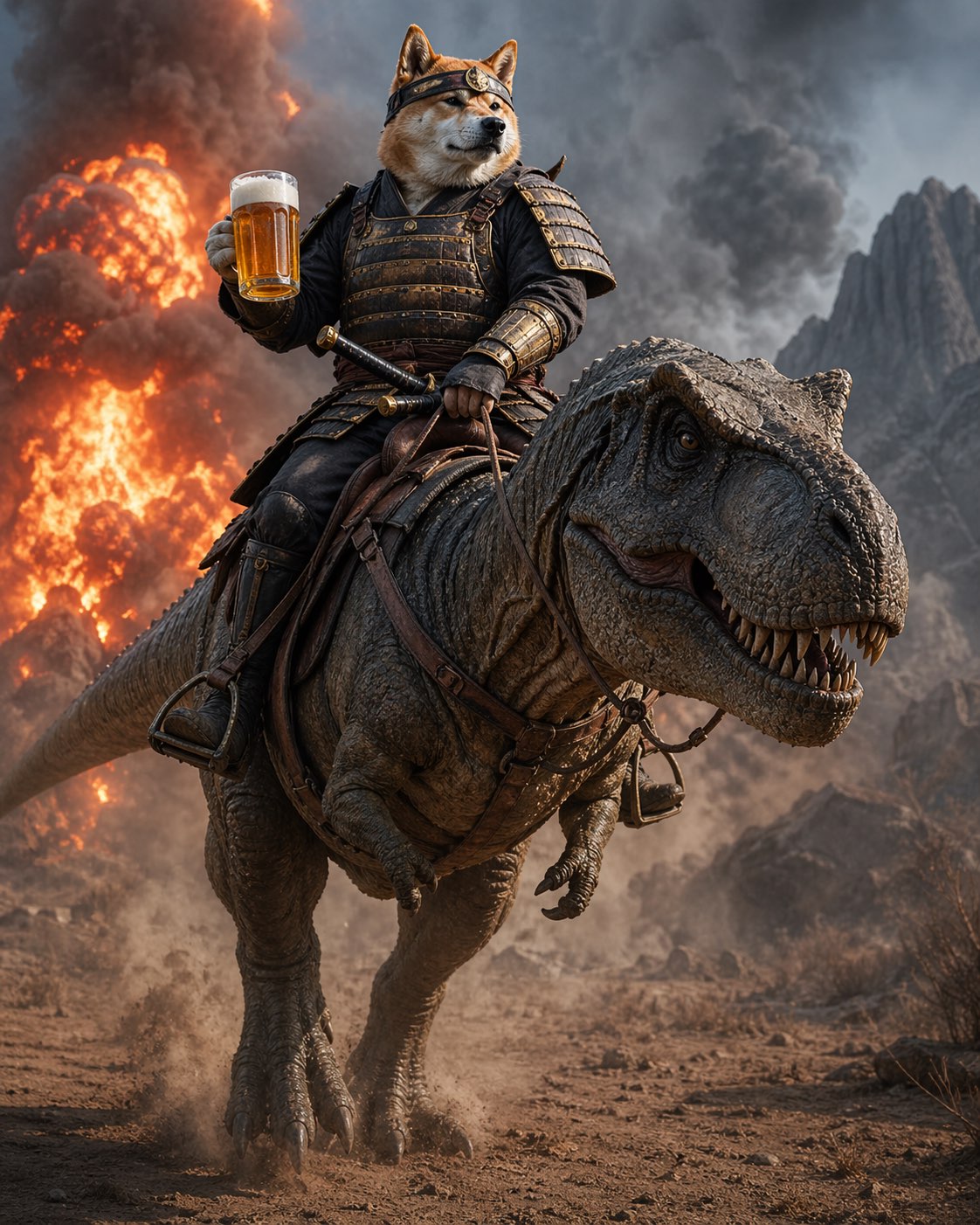 AI generated image of a samurai dog riding a dinosaur while holding a beer mug in one
hand